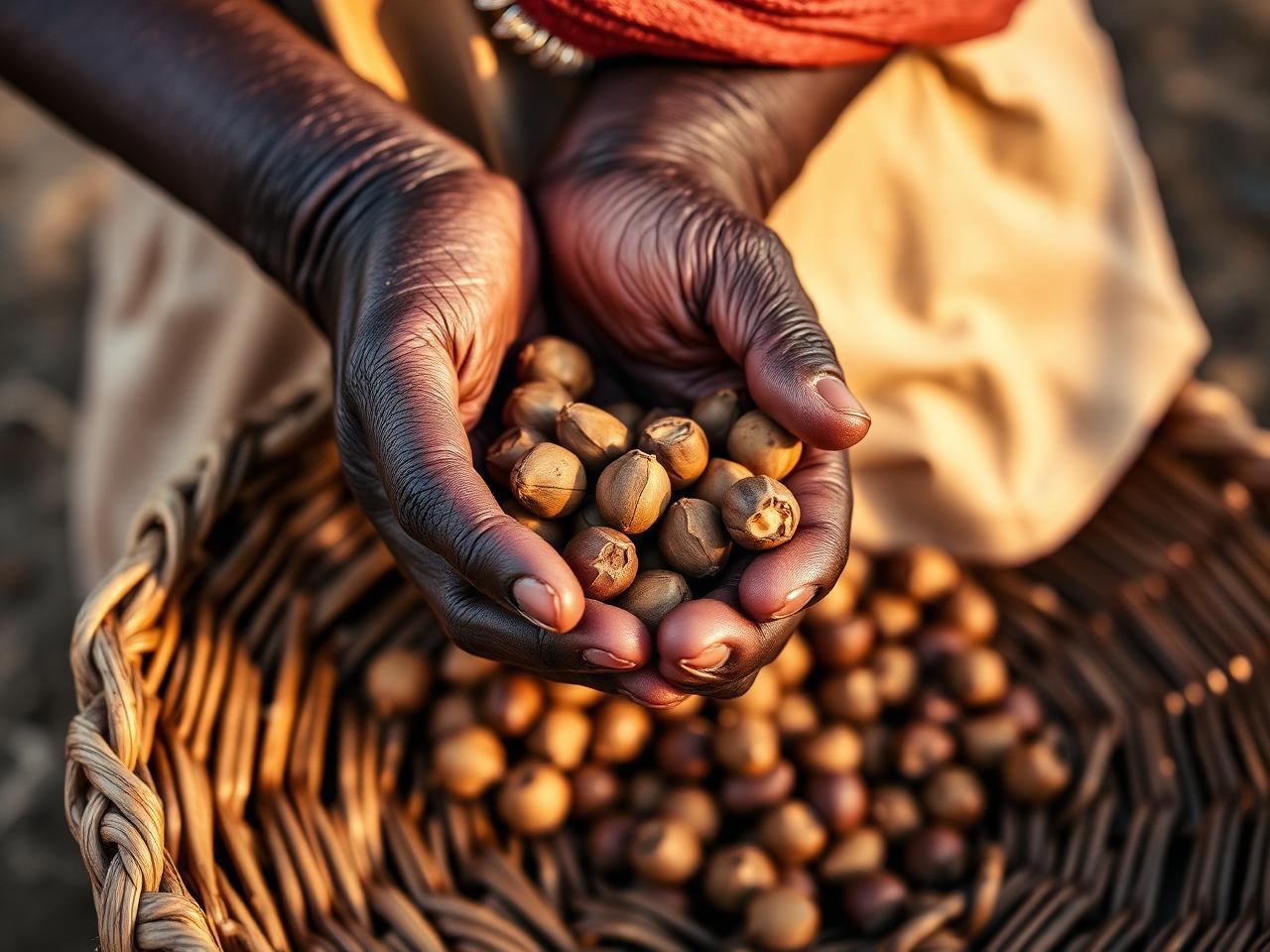 Hands holding raw shea nuts at a West African cooperative